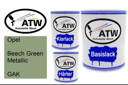 Opel, Beech Green Metallic, GAK: 1L Lackdose + 1L Klarlack + 500ml Härter - Set, von ATW Autoteile West.